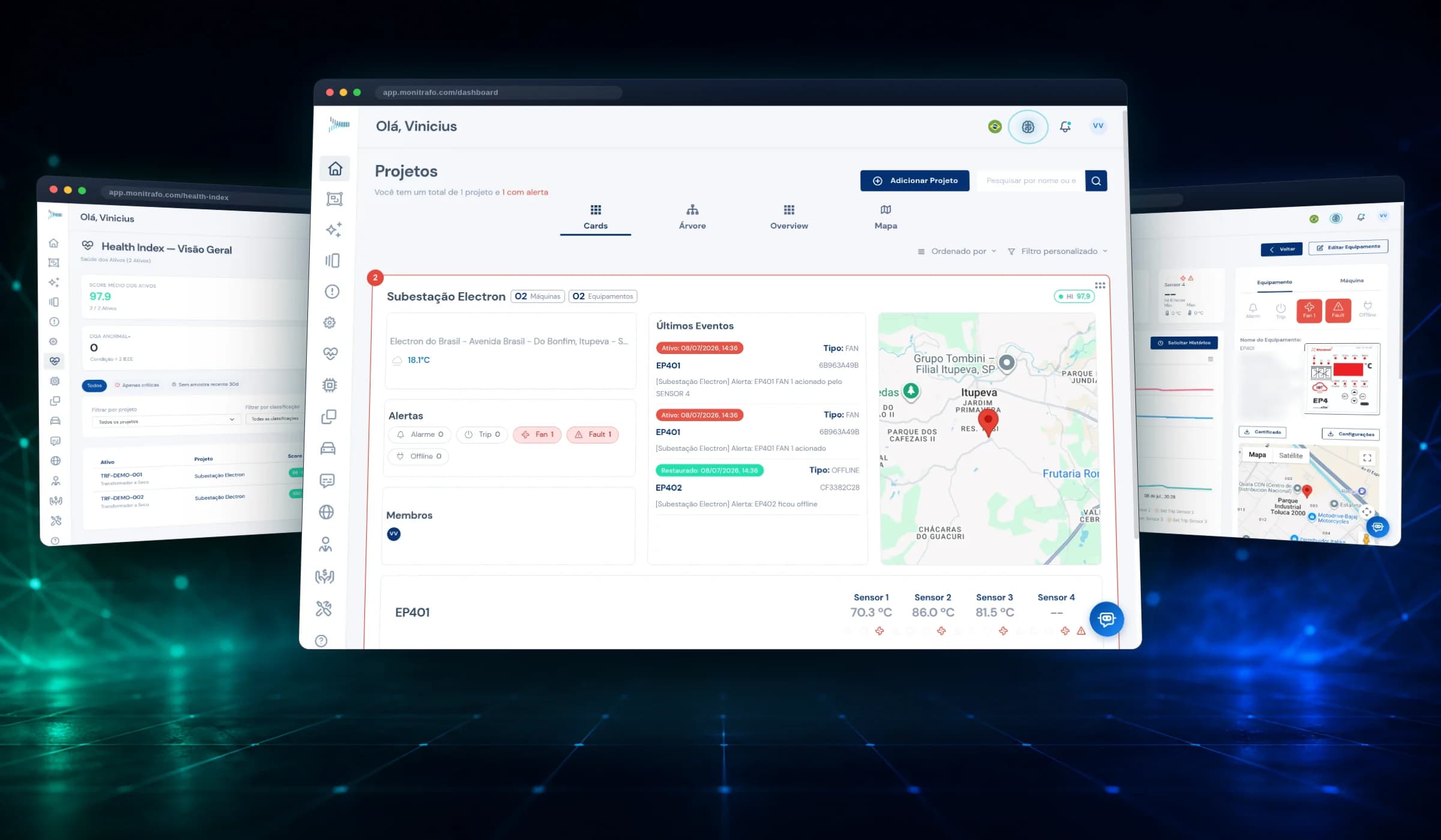 Telas reais do Monitrafo com projetos, alertas, mapa e Health Index dos ativos